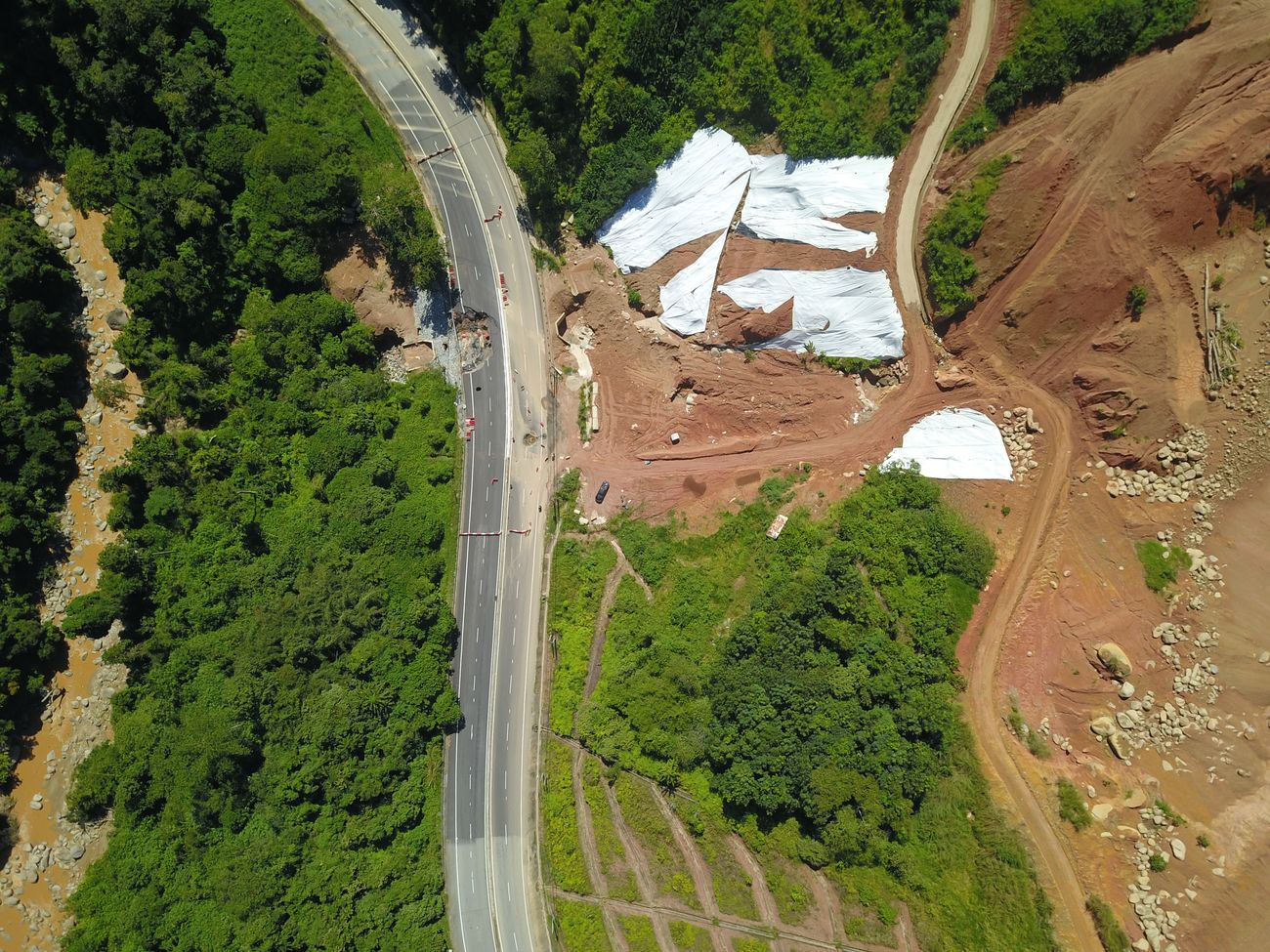 Aerial drone image of a slope failure adjacent to a highway