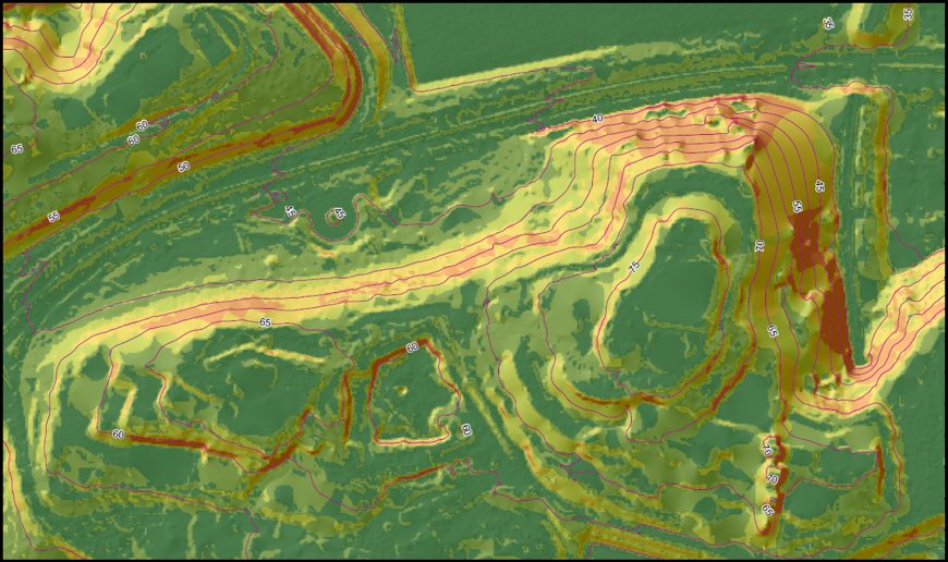 Hillshade and slope gradient terrain map